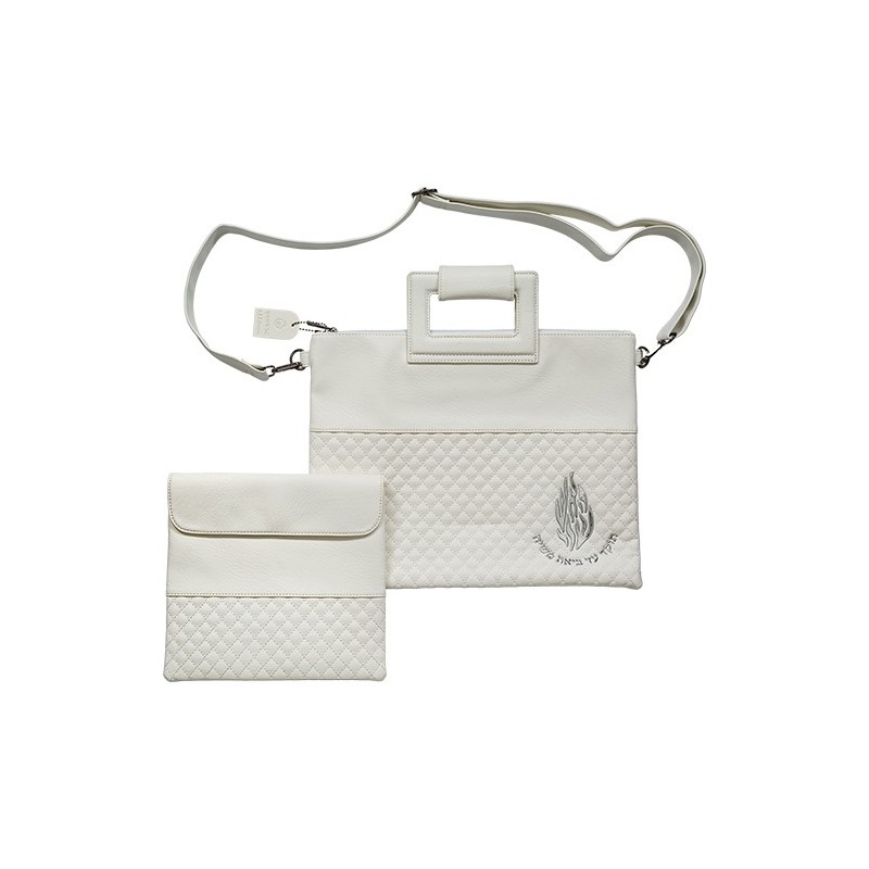 Luxurious pocket for a tallit tefillin in white leather with "my fire" embossing and handles 38*...