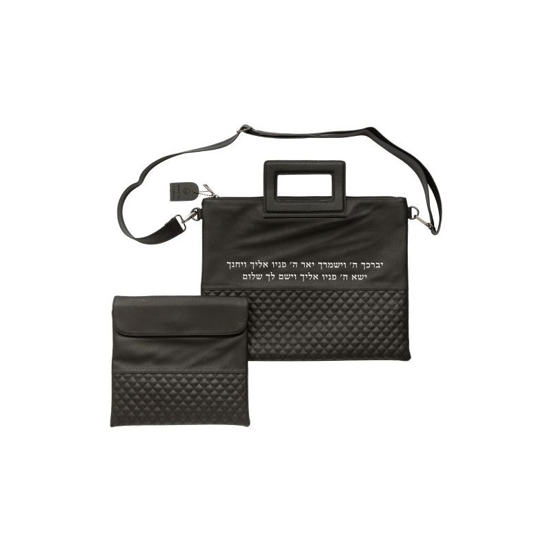 Luxurious pocket for a tallit in imitation leather black with letters in relief "vibracha" ...