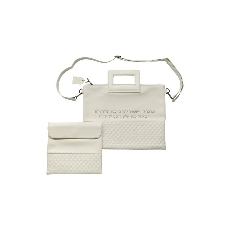 Luxurious pocket for a tallit, imitation white leather, relief letters ...