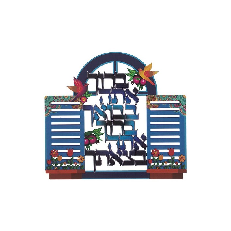 Greeting card to hang "birds and flowers window", in wood, 35x31 cm ...