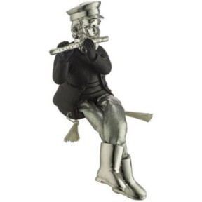 Hassid figurine seated in black and silver polyresin with fabric feet playing the flute, 19 cm ,,,,
