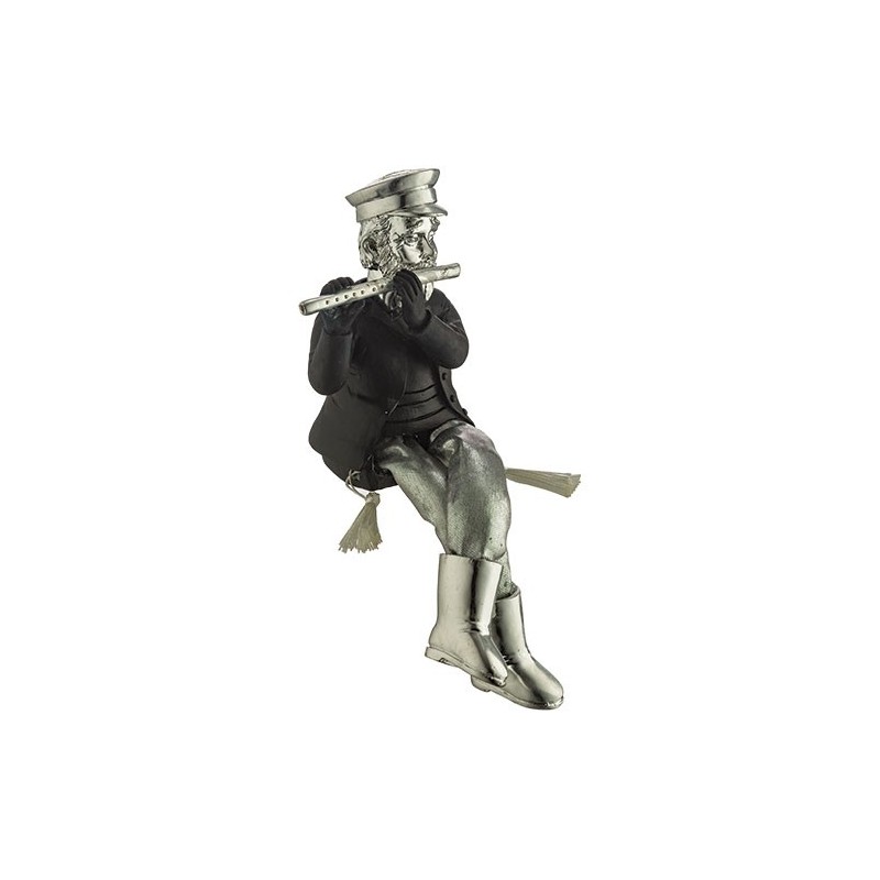 Hassid figurine seated in black and silver polyresin with fabric feet playing the flute, 19 cm ,,,,
