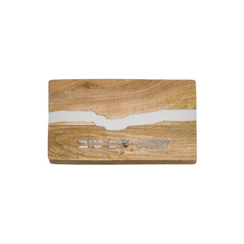 Plateau à Challah en bois avec époxy blanc 41 x 28 cm