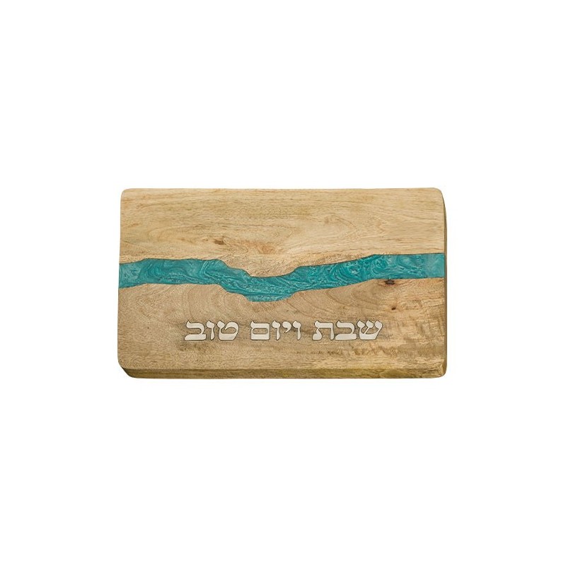 Plateau à Challah en bois avec époxy bleu 41 x 28 cm