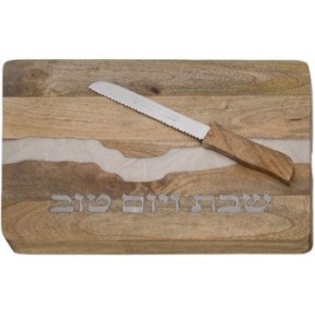 Challah tray in natural mango wood with epoxy + 41x27 cm knife ...