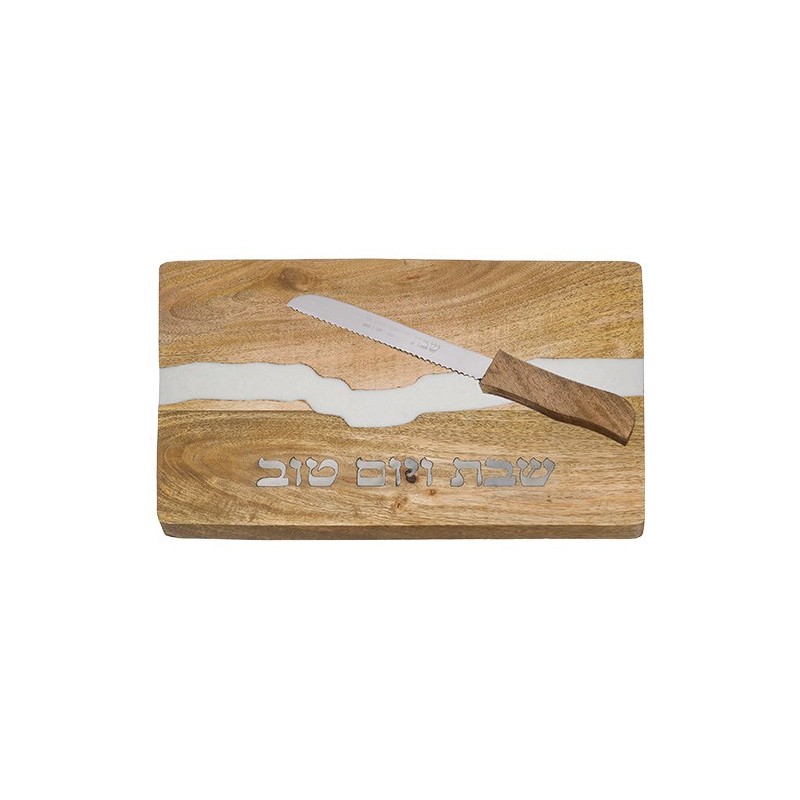 Plateau à challah en bois avec époxy blanc et couteau 41x28 cm