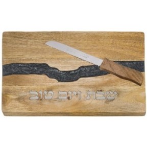 Wooden Challah tray with gray epoxy and 41x28 cm knife