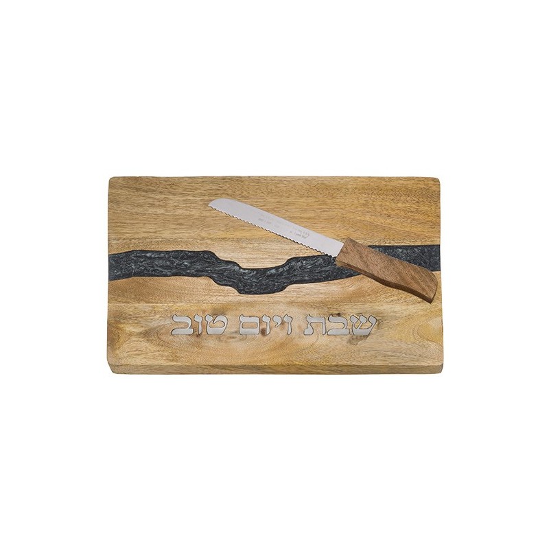 Wooden Challah tray with gray epoxy and 41x28 cm knife
