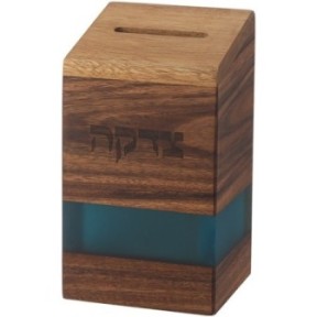 Wooden tsedaka box with turquoise epoxy 14 cm