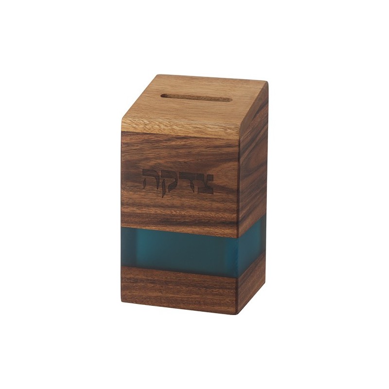 Wooden tsedaka box with turquoise epoxy 14 cm