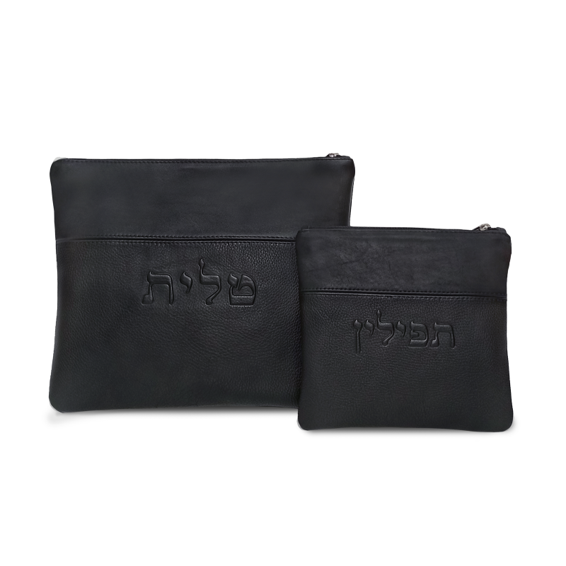 Leather pouch for THATH and Tefillin Classic style: smooth black colors and black grain