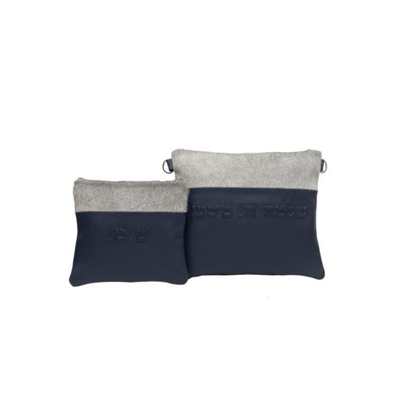 Pochette en cuir à poils pour talith et tefillin : fourrure grise et grain bleu