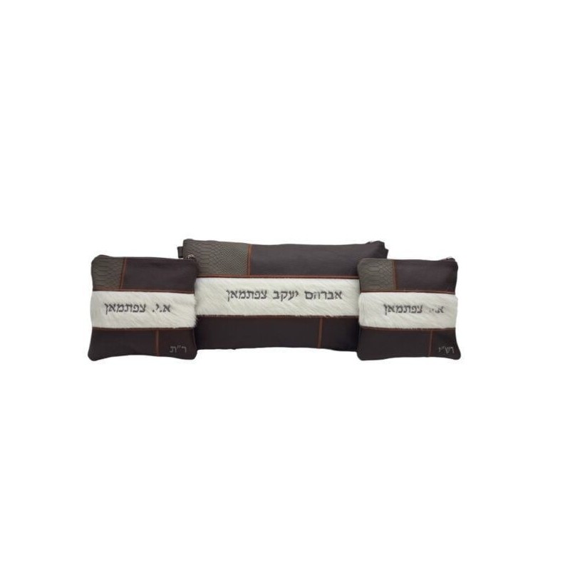 Hair leather pouch for THATH and Tefillin: Gray Anaconda, Brown grain, White fur with Brown Embroidery