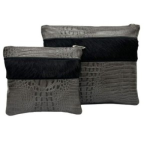 Hair leather pocket for THATH and TEFILLIN: Gray Cascarodo, Black fur with black embroidery