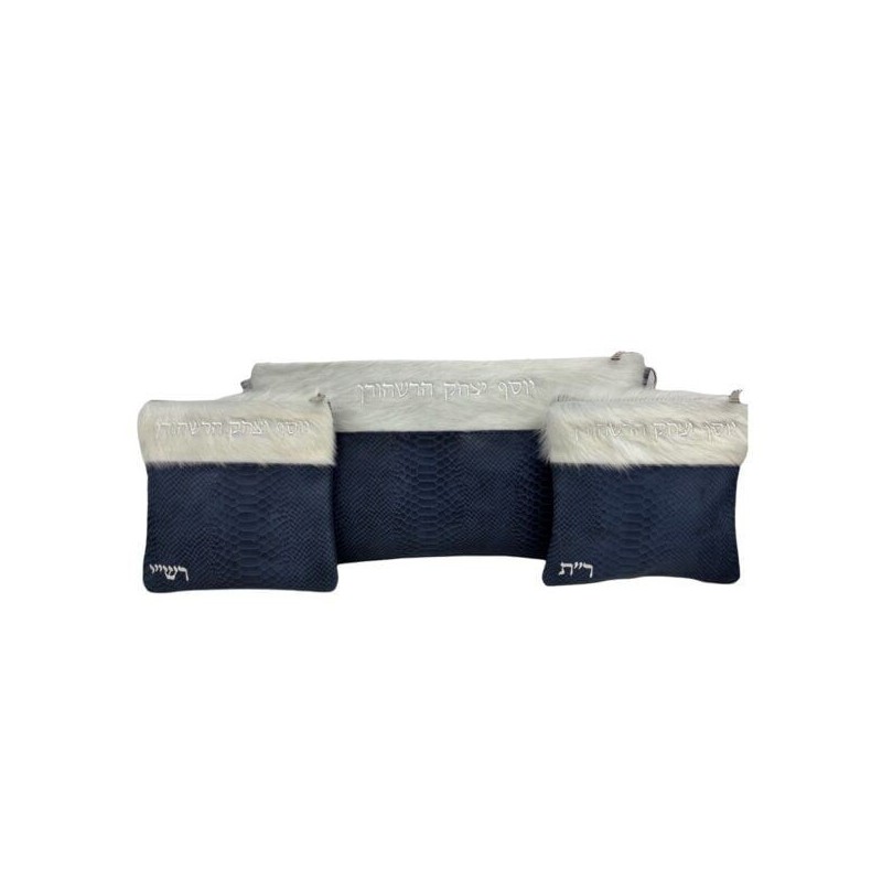 Hair leather pocket for THATH and TEFILLIN: blue anaconda, white fur