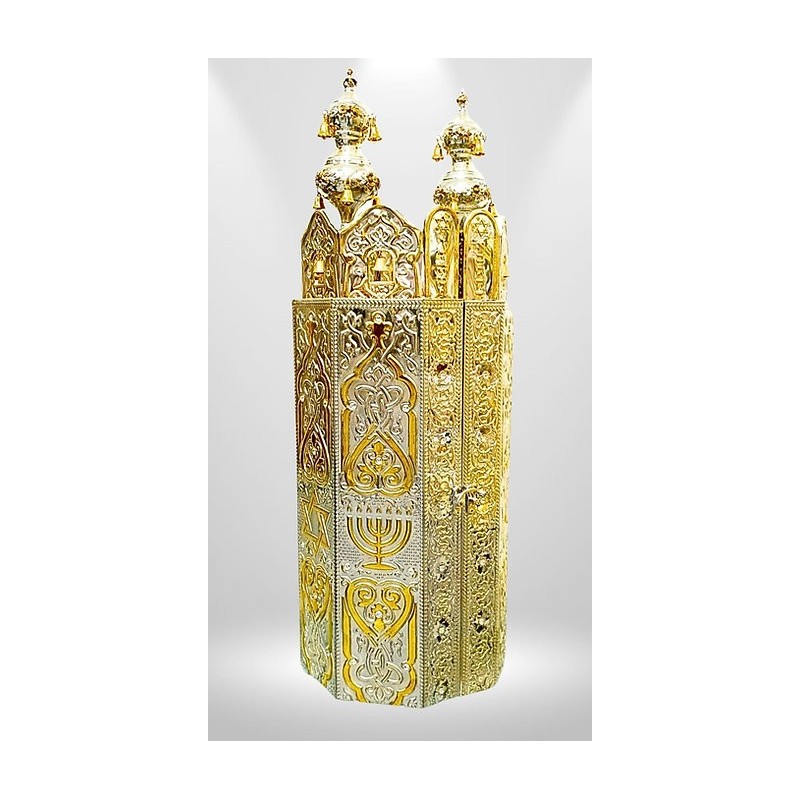 Sac à rouleaux de Torah - Modèle tunisien [double charnière] | Argent brillant | Combiné avec de l'or