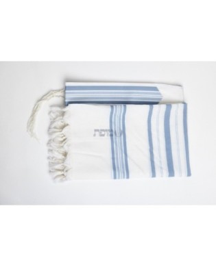 Talith en laine blanc bande bleu ciel