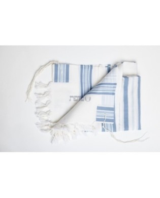Talith en laine blanc bande bleu ciel