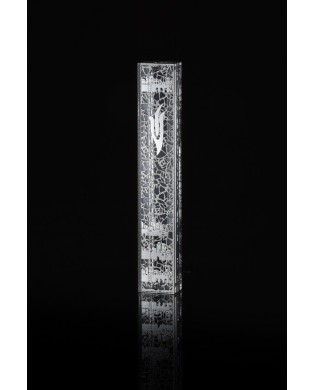 Boitier Mézouza carrée en plexiglas avec roses, dentelle et les maisons de Jérusalem, plaquée argent